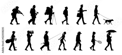 Set of silhouette. Black people on white background. Profile walking men and women. Vector illustration