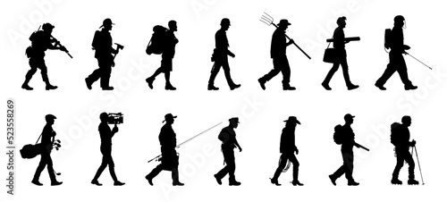 Set of silhouette. Black people on white background. Profile walking men. Vector illustration