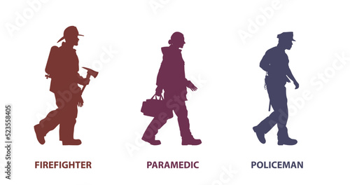 Set of silhouette. Profile walking rescue team. Firefighter. Paramedic, Policeman. Vector illustration