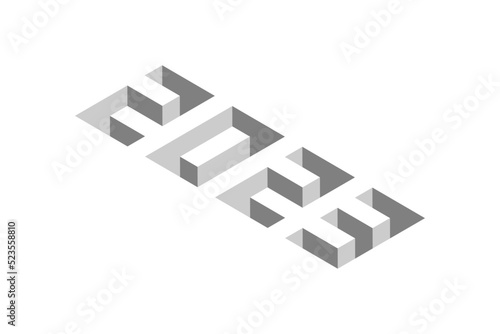 2023. Isometric text style with depth effect. Minimal 3D numbers template for Happy New Year. Christmas background.