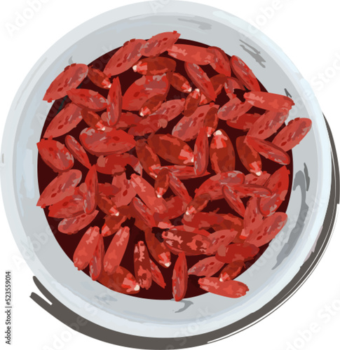 Goji watercolor vector fresh fruits on white plate. top view
