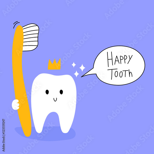 Childrens dental Clinic illustration. Happy tooth with toothbrush. Children dental treatment 