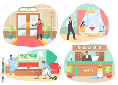 Hotel staff and services isolated vector scene