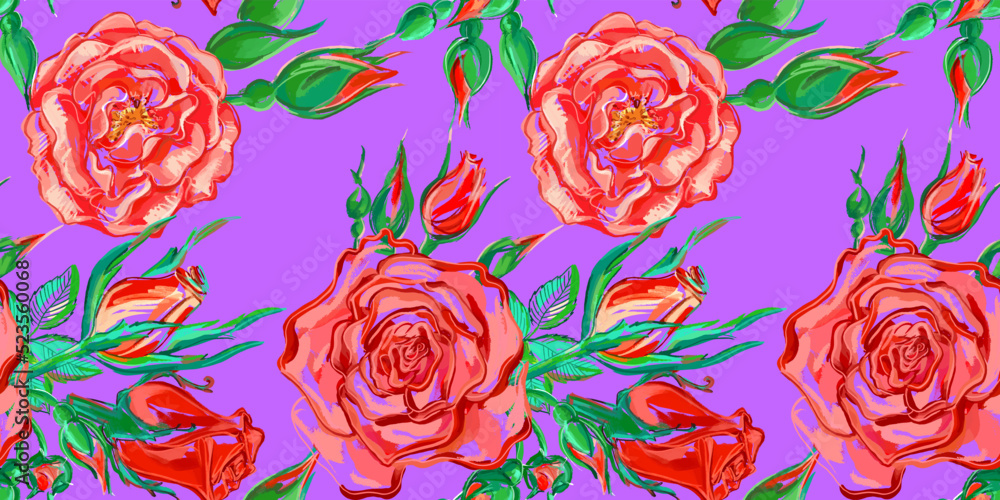 Horizontal banner and seamless pattern. Red Roses on a purple background. Seamless vector texture of roses. Floral floral design. Pink watercolor ornament.