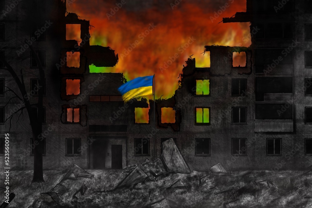 War in Ukraine, destroyed building and fire, game illustration, flag of ukraine on fire