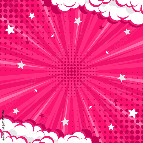 Pink abstract background pop art background for poster or book in pink color radial rays backdrop with halftone and cloud effect