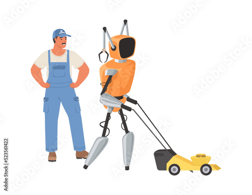 Robot assistant help to mow lawn vector illustration