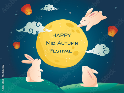 Happy Mid Autumn festival illustration banner. Cute rabbits watching the moon scenery at night.