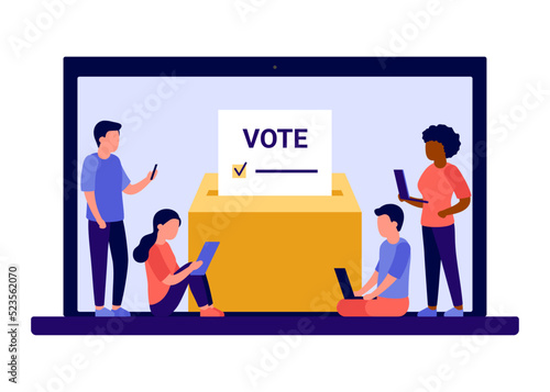 Online voting concept with computer screen, electronic vote campaign on election. Voting box and voters choose. Put ballot paper in ballot box. Online electronic voting and election concept. Vector