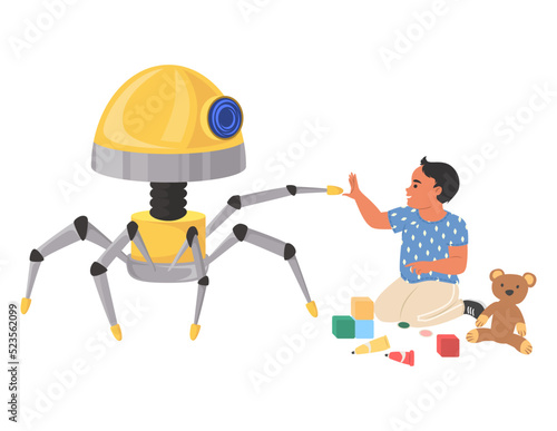 Robot assistant playing with child vector scene