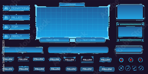 Game live stream panels, overlay frames and buttons in futuristic style. Live broadcast dashboard collection. Futuristic info boxes layout templates. Vector illustration