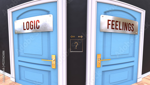 Logic or Feelings - a choice. Two options to choose from represented by doors leading to different outcomes. Symbolizes decision to pick up either Logic or Feelings.,3d illustration