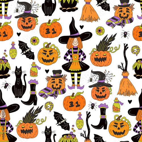 Halloween seamless pattern with little witches, lack o lantern pumpkins, black cats, brooms, cauldrons and bottles of poison on white background. Hand drawn vector illustration in doodle style