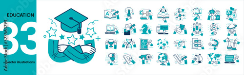Concept illustration set. Collection of different education scenes and situations. Human hands with icons and images. Webinar, online teaching metaphors, remote education, digital school, courses 