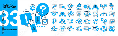 Concept illustration set. Collection of different social network scenes and situations. Human hands with icons and images. Social network, digital marketing, online communication, internet services.