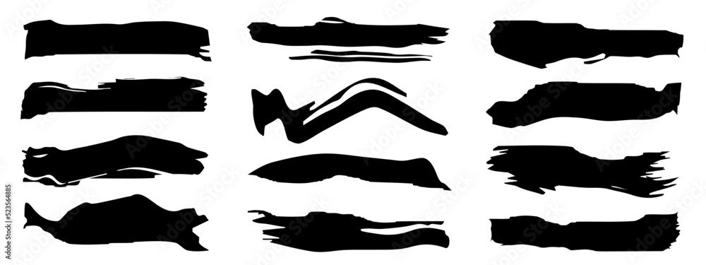 Vector collection of artistic grungy black paint hand made creative brush stroke set isolated on banner background. A group of abstract grunge sketches for design education or graphic art decoration Vector collection of artistic grungy black paint hand made creative brush stroke set isolated on banner background. A group of abstract grunge sketches for design education or graphic art decoration