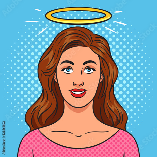 girl with halo over her head pop art retro vector illustration. Comic book style imitation.