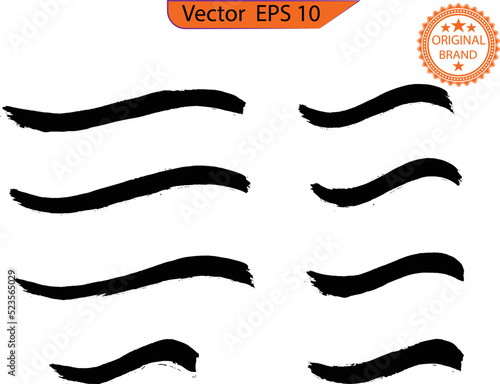 Black ink line, grunge brush strokes, ink paint set. Paint splatter stroke