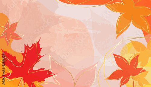 Autumn bright, red and yellow leaves, on a watercolor vector background with golden lines. Abstract wallpaper design with maple leaves, line art, colorful, flowers, gold. Elegant fall season