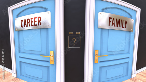 Career or Family - a choice. Two options to choose from represented by doors leading to different outcomes. Symbolizes decision to pick up either Career or Family.,3d illustration