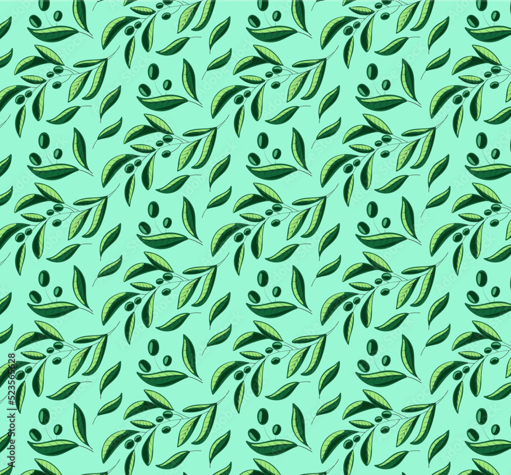 Seamless repeating pattern of bright green realistic branches and olive fruits. Luxury vector background. Design for wallpaper, prints, canvas prints and home decoration, paper packaging, sketchbook
