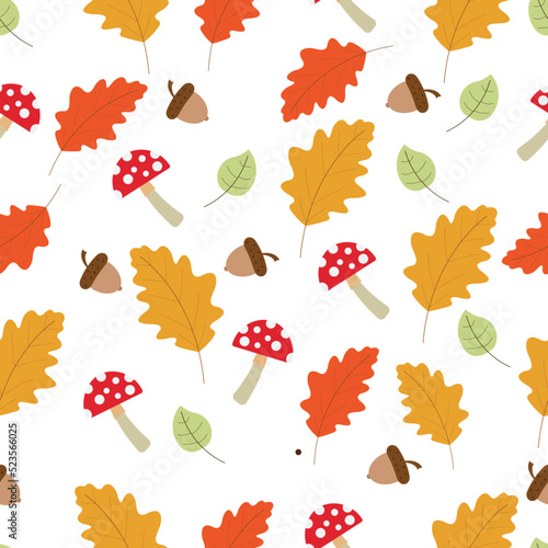 Seamless pattern with acorns, mushrooms and autumn leaves in orange and green. 
Vector illustration in a flat style. Very well for wallpaper, gift paper.
