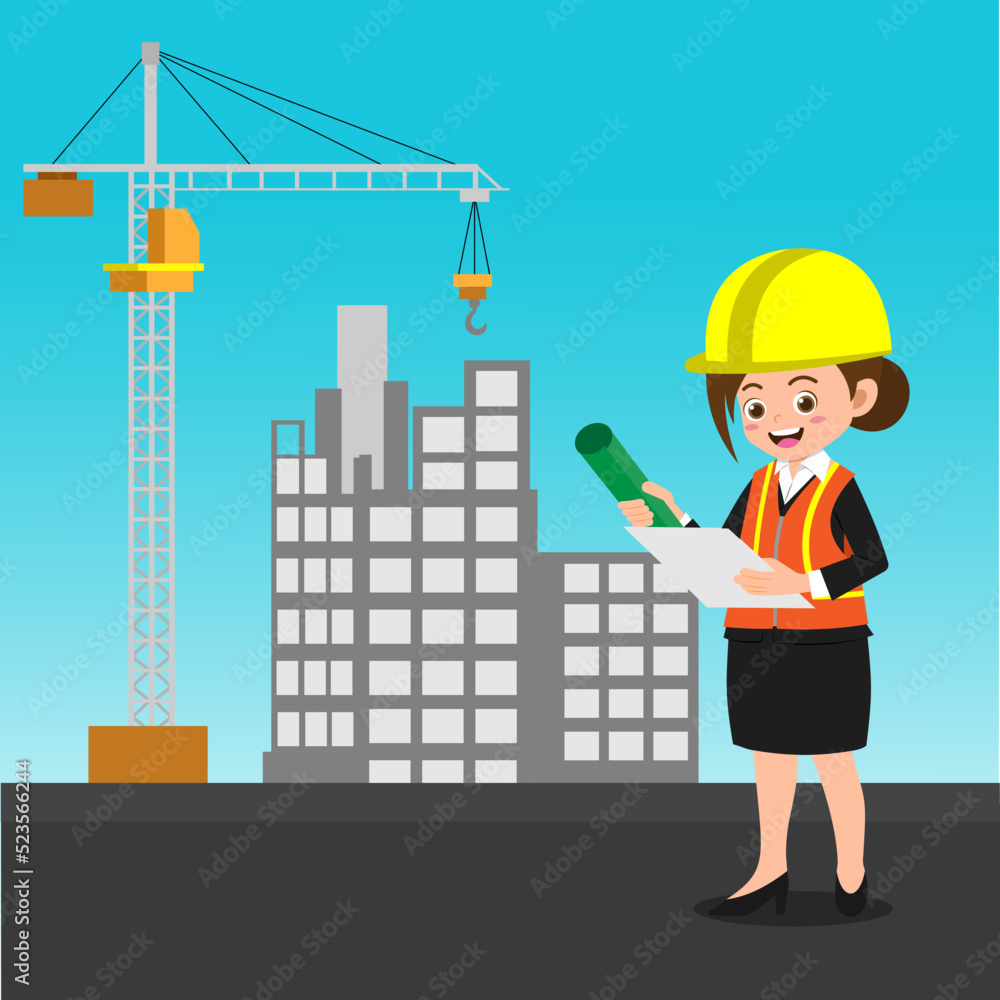 Cute Girl Working As Engineer, Background in Separated Layer For Easy Editing Cute Girl Working As Engineer, Background in Separated Layer For Easy Editing