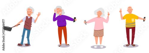 Seth with old people taking selfies. Flat vectron illustration in cartoon style.