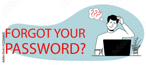 The man forgot her personal details. People scratches his head. web splash concept with forgotten password, account protection. Vector illustration in black and white in doodle style.