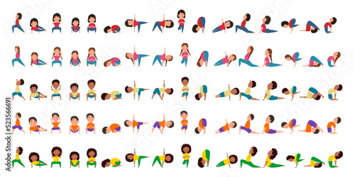 Fototapeta Naklejka Na Ścianę i Meble -  A Big set of pretty girls and boys of different nationalities are engaged in yoga. Yoga for children. Vector illustration in a flat style