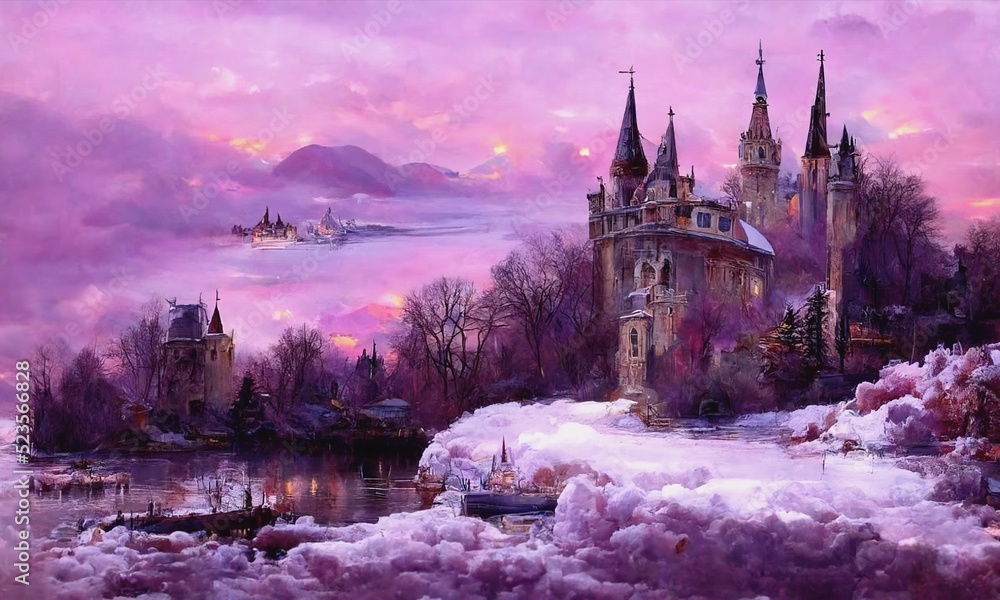 Pink evening winter landscape. Castle in forest on bank of river. Calm natural landscape. Digital painting illustration.