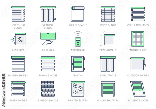 Window blinds line icons. Vector illustration include icon - mosquito net, roller, automatic motorized rolls, measuring, solar outline pictogram for jalousie. Green Color, Editable Stroke