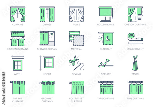 Curtains line icons. Vector illustration include icon - window, cornice, rail, tulle, bobbinet, grommet, roller outline pictogram for interior blackout material. Green Color, Editable Stroke photo