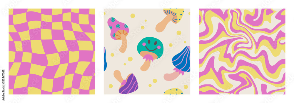 Fototapeta premium 1970 Mushroom, Trippy Grid, Wavy Swirl Seamless Pattern Set in Yellow, Pink Colors. Hand-Drawn Vector Illustration. Seventies Style, Groovy Background, Wallpaper. Flat Design, Hippie Aesthetic.