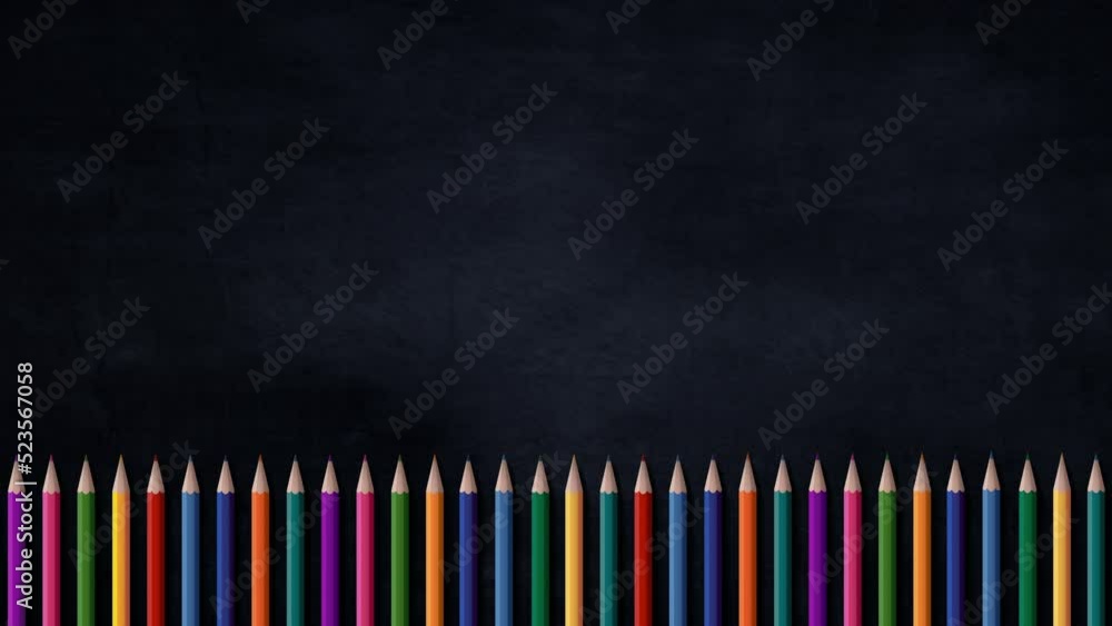 Welcome back to school Background. A set of colored pencils on a black chalkboard background. Children's animation for education advertising or business concept. Retractable pencils Welcome back to school Background. A set of colored pencils on a black chalkboard background. Children's animation for education advertising or business concept. Retractable pencils