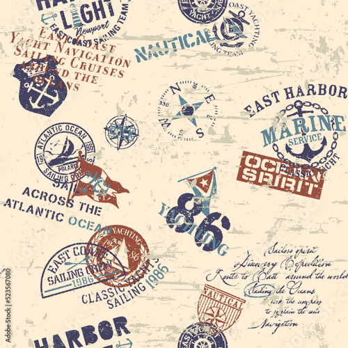 Grunge nautical marine sailing elements patchwork abstract vintage vector seamless pattern