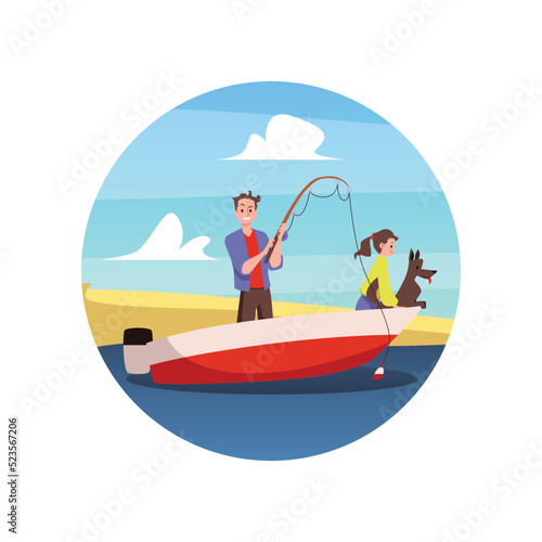 Circle banner or badge with family fishing, flat vector illustration isolated.