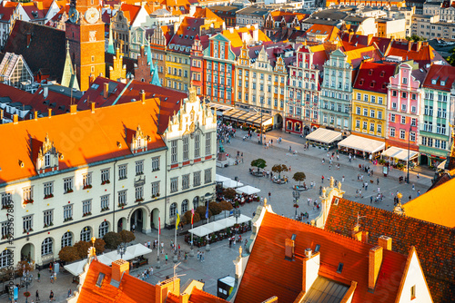 Aerial panoramic view of Wroclaw Market Square. Wroclaw, Poland, Europe