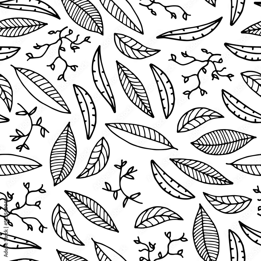hand drawn black and white seamless pattern of leaves vector illustration