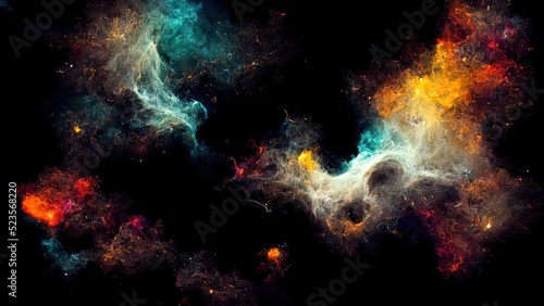 Nebula. 4k digital painting of space. Stars, colorful nebulous nebulae. Black, dark wallpaper. Futuristic background. Galaxy.