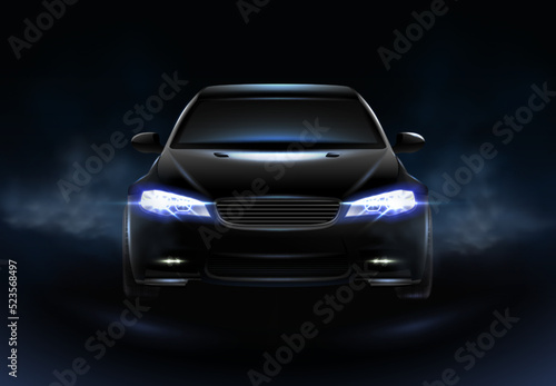 3d realistic vector icon. Black car in the darkness with clouds of dust and lights glowing.