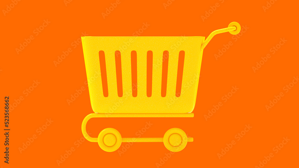 Yellow shopping cart on orange background. Minimal idea concept, 3D Render. Yellow shopping cart on orange background. Minimal idea concept, 3D Render.