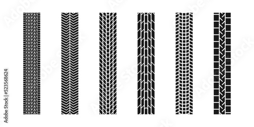 Collection textures of vector tire tracks, tire marks. Black seamless tire track wheel print set. Vector illustration.