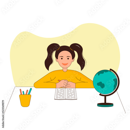 Schoolgirl with tails sitting at a table