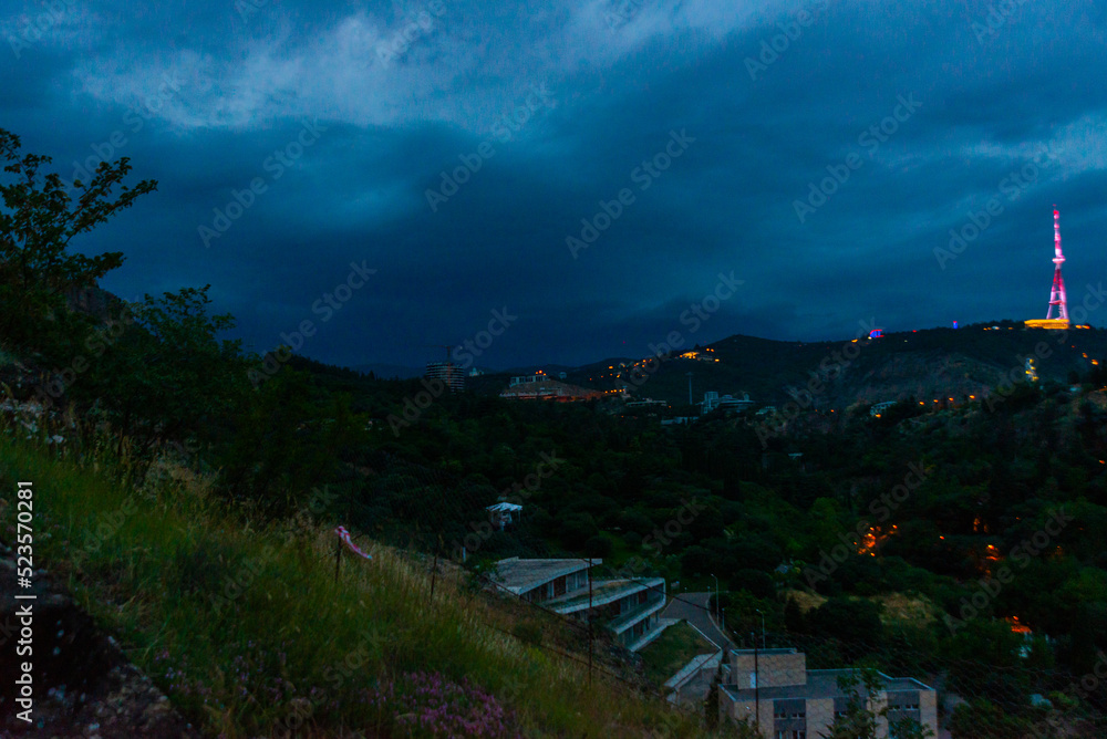 Fototapeta premium TBILISI, GEORGIA: Top view from the mountain to the night city of Tbilisi