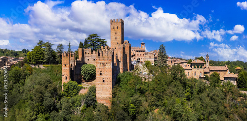 Medieval towns and castles of Emilia Romagna, Italy - Castel Arquato town and Rocca Viscontea castle.  aerial view photo