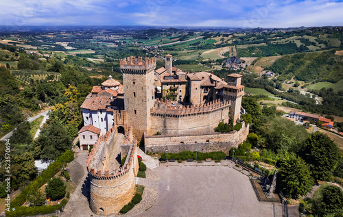 The medieval village of Vigoleno aerial view. fairy-tale castle and small charming village. Emilia Romagna, Italy travel and landmarks photo