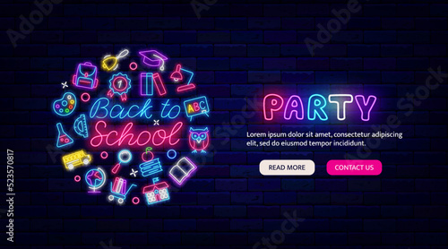 Back to school party neon greeting card. Circle layout with icons. Medal, bus and globe. Vector stock illustration