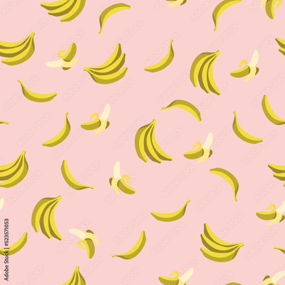 Seamless pattern of yellow bananas. Yummy ripe bananas on a pink background. Ingredients for smoothie, cake, cookies. Background for cafe, restaurant. Design element for textile, fabric. Seamless pattern of yellow bananas. Yummy ripe bananas on a pink background. Ingredients for smoothie, cake, cookies. Background for cafe, restaurant. Design element for textile, fabric.