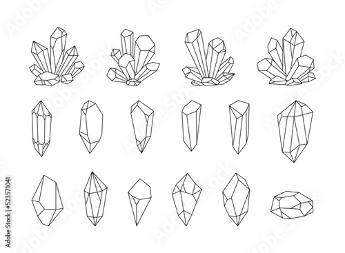 Line art crystals or gemstones collection  gem set. Jewelry stone or diamond icons